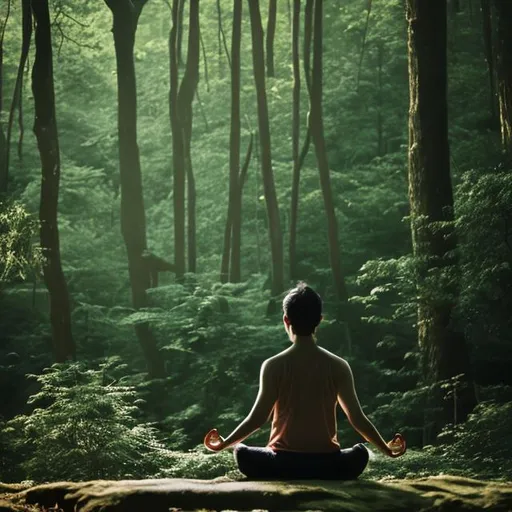 Prompt: person sitting meditating in the forest 