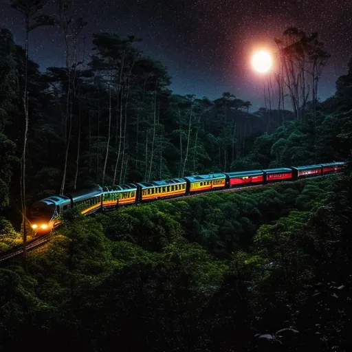 Prompt: a train passing through a dense forest on a moonlit night 