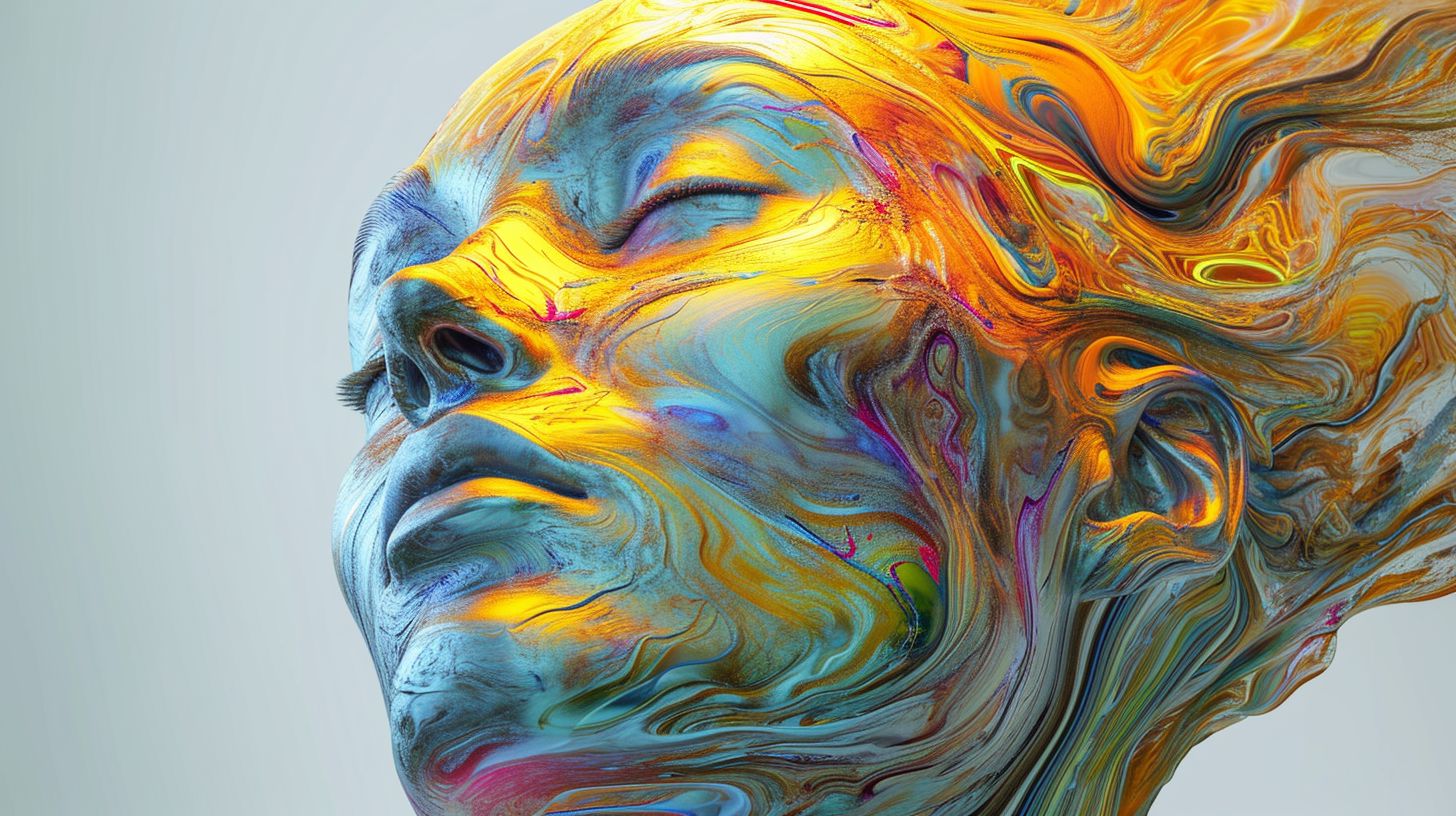Prompt: a female head sculpture inspired by an ancient statue, in the style of colorful turbulence, solarization effect, hyperrealistic illustrations, fluid and flowing lines, intricate body-painting, psychological phenomena illustrations, dreamlike illustration