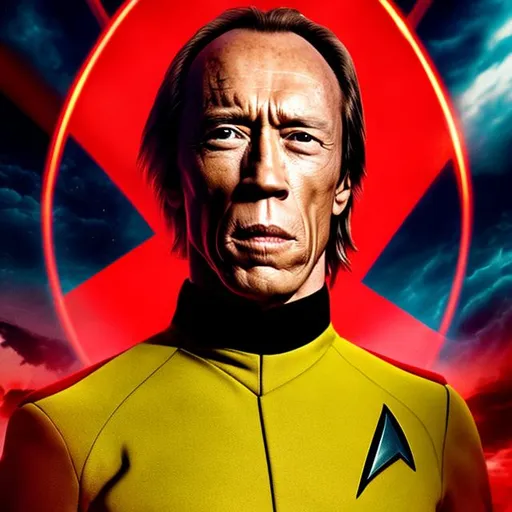 Prompt: A photographic portrait of David Carradine, wearing a Starfleet uniform, with a Star Trek background, in the style of the "Star Trek: The Wrath of Kahn."