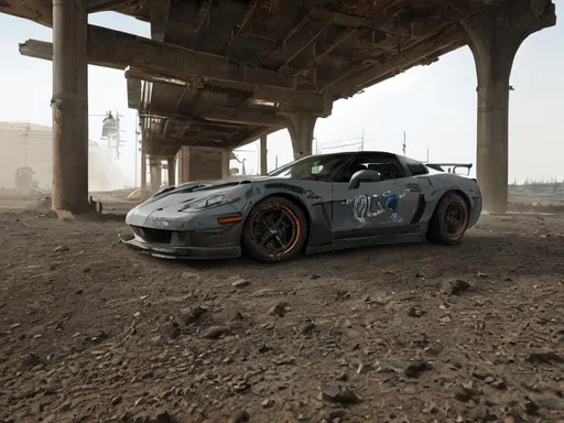 Prompt: C6 corvette, mad max style, post apocalyptic sports car, ultra realistic, hyper detailed, mayhem, supercharger sticking out of hood, burning drums of oil