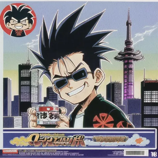 Prompt: cool, character mascot, chibi, boy,  spikey anime hair, poster, advertisement, scan lines, retro, tokyo, 90s symmetrical face, urban city in background, smirking smile,