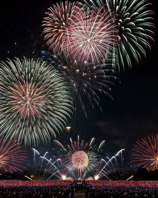 Prompt: Independence Day, the Fourth of July, evokes a surrealistic spectacle. The vibrant burst of fireworks illuminates the night sky, casting a kaleidoscope of colors. In the foreground stands a majestic American flag, billowing proudly in the gentle breeze. The image captures the essence of patriotism, unity, and celebration. Shot with a Nikon D850, equipped with a wide-angle lens, the composition reveals the sprawling fireworks against the backdrop of a darkened cityscape. The photograph is taken during twilight, as the last rays of sunlight recede, creating a captivating contrast between the radiant fireworks and the deepening shadows. The style of the image combines long-exposure techniques with surrealistic elements, portraying a dreamlike ambiance. To enhance the vintage feel, a Fujifilm Velvia film is used, lending a rich saturation and heightened colors.