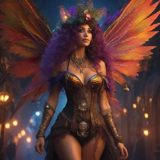 Prompt: (Epic). Cinematic. Shes a beautiful, ((colorful)), Steam Punk, cannabis witch. (Spectacular), Winged fairy, with a skimpy, ((colorful)), gossamer, flowing outfit, on a Halloween night. ((Wide angle)). Detailed Illustration. 8k.4k. Full body in shot. Hyper realistic photo. A ((beautiful)), shapely, woman with, ((anatomically real hands)), and ((vivid)) colorful, ((bright)) eyes. Sony a7 IV  