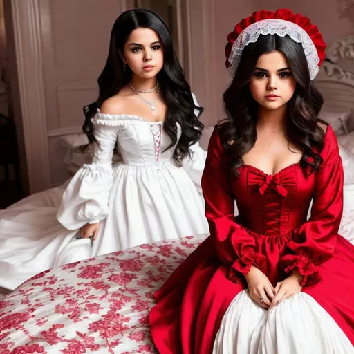 Prompt: Selena Gomez being turned into a porcelain doll wearing a red victorian dress & bonnet, in a bedroom by her self, looking around with a scared expression on her face.