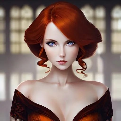 Prompt: Elegant lady with ginger hair and amber eyes