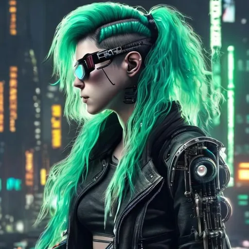 Prompt: hyper realistic extremely detailed cyberpunk guitarist woman.
She has green hair