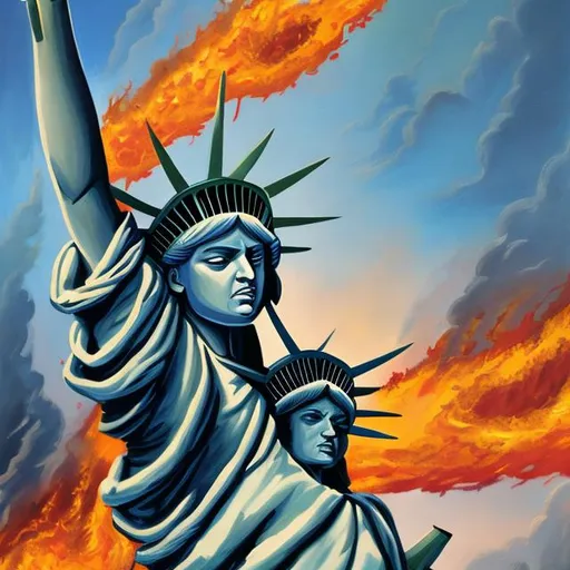 Prompt: Painting of Lady Liberty, exacting Justice on the oppressors, fire ridden landscape, determined expression