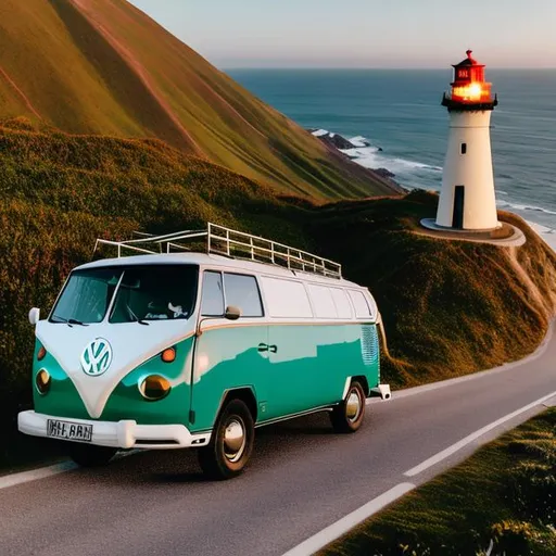 Prompt: a Volkswagen van on the way going to a lighthouse on a curved mountain at sunset ocean view
