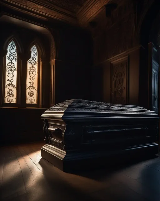 Prompt: An ornate vintage coffin with intricate carvings along the sides sits open in an empty room lit by flickering candlelight. Dark shadows dance along the walls. Shot with a Nikon Z7 using a 85mm lens for a narrowed dramatic perspective. The lighting amplifies the shapes and textures of the carved details. The mood is creepy yet elegant, evoking brooding Victorian gothic horror. In the style of Tim Burton.