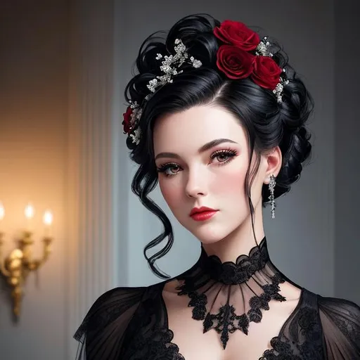 Prompt: Beautiful woman portrait wearing a black evening gown,  black hair, dark eyes, ruby jewelry,elaborate updo hairstyle adorned with flowers, facial closeup