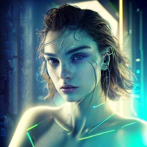 Prompt: masterpiece, full body, full entire body, cyberpunk style, stunning realistic photograph, hyperrealistic lifelike texture, detailed photography, extremely detailed, cinematic photography, with a unique blend of realism and abstraction, unearthly beauty, cute beautiful, femininity, cinematic lighting, fine detail, dramatic lighting, complex works, extremely detailed light hazel eyes, detailed symmetric realistic face, natural skin texture, perfect nose, glossy lips, upturned nose, defined and small eyebrow, long eyelashes, hyperrealistic hair, silky skin, hydrated hair, aesthetic nose, small eyebrow, messy hair, concept artist by Irakli Nadar, Yoshitaka Amano, Martin Schoeller, Alphonse Mucha, Reylia Slaby, Annie Leibovitz, Chuck Close {beautiful girl in (futuristic clothes)}, 20 years old female, {background a futuristic city at night setting in background:0.8}, CGI, RAW photo high quality, ((photo on Nikon D850 85mm F5.6)), cinestill 800T, unreal engine, 8k, octane render, 3d render, sharp focus, cinematic, super-resolution, diffraction grading