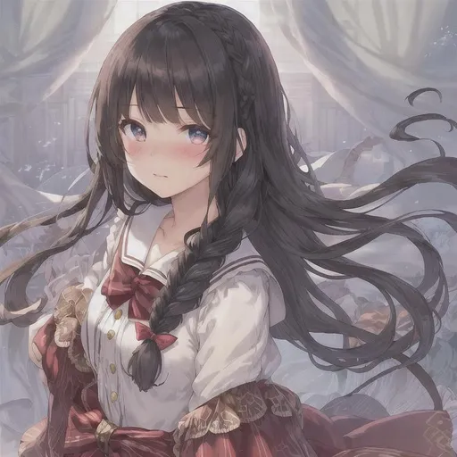 Prompt: ((best quality)), ((illustration)), masterpiece, ((beautiful detailed eyes)), full body, focus on face, ((1girl)), ((solo)), ((cute anime face)), ((blushing)), (nervous), ((black hair)), (single braid), hair over one eye, ((beautiful detailed eyes)), (red pupils), (((sailor fuku))), (underboob), (thigh gap), (camel toe), ((black pantyhose)), abstract background
