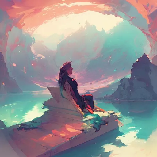 Prompt: scenery of someone chilling on a fiel hope by loish warm colors