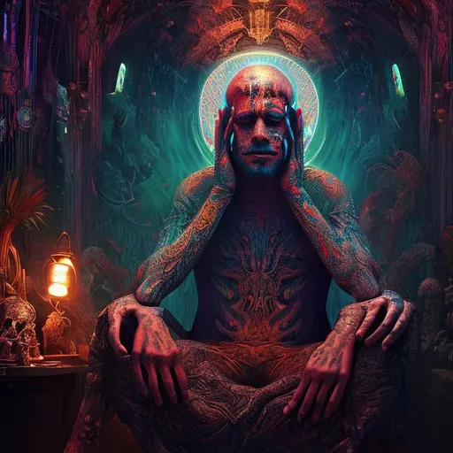 Prompt: man who is having a psychedelic hallucination of the afterlife seated on a chair with his head in his hands detailed faces hyper realistic extremely detailed dark cinematic 4K