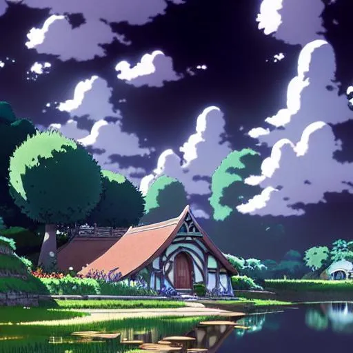 Prompt: the shire, the shire architecture, Lakeside, in the Style of Hayou Miyazaki, and Shinkai Makoto, Flowers and Lush Vegetation, Variated Greenery, Wide Angle, Clear Reflections, Anime, Animation Concept Art, Studio Ghibli, Natural Lighting, Realistic, 8K, Beautifully Detailed, Sun Rays, Cel-Shading, Light Diffusion, Cinematic Shading, and Cinematic Elements