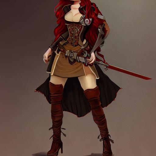 female rogue with long brown hair wearing red musket... | OpenArt