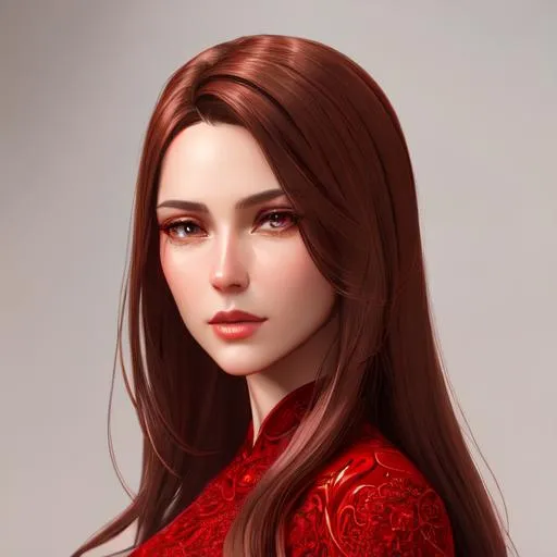 Prompt: portrait of a woman wearing a red dress, oil painting, straight brown hair, blessed, shiny honey eyes, detailed lips, mesmerizing, gorgeous, stunning, highly detailed concept art, high resolution scan, hd octane render, intricate detailed, highly detailed face, unreal engine, trending on artstation, UHD, 8k, Very detailed