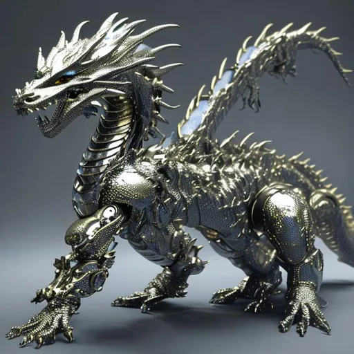 Prompt: A metallic translucent dragon artificially intelligent robot 