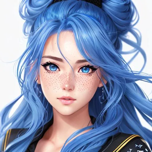 Prompt: extremely realistic, hyperdetailed, long blue wavy hair in a messy bun anime girl, face full of freckles, mechanics, highly detailed face, highly detailed eyes, highly detailed body, full body, whole body visible, full character visible, soft lighting, high definition, ultra realistic, 2D drawing, 8K, digital art