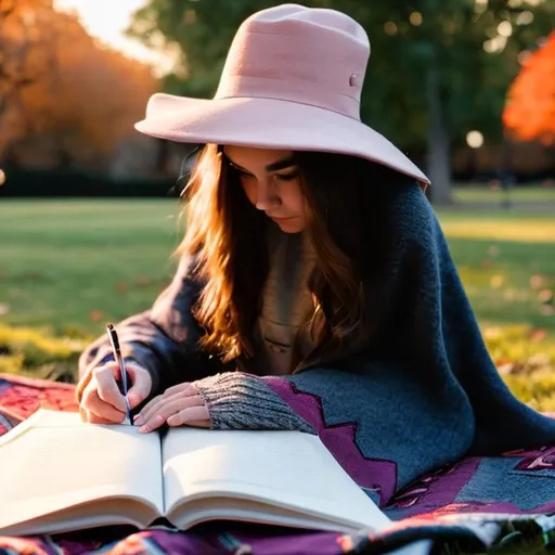 Prompt: beautiful girl writing her book, big hat and cannot to see her face , sitting on a wyco blanket in the park 
