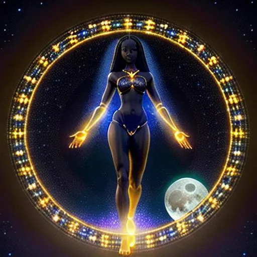 Prompt: (Hyperrealistic highly detailed full body of an anthropomorphic light incarnation)
Beautiful, ebonian, diaphanous, translucent skin, wise, benevolent, feminine, magic, visual effect, inspiring, amazing scenery, starry night, moon