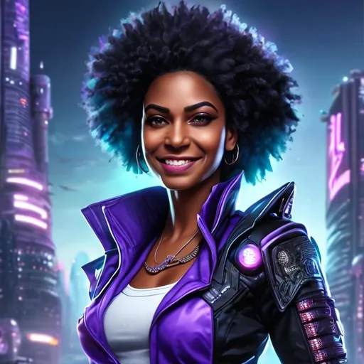 Prompt: attractive hot late-twenties black egyptian woman female, medium-brown skin, spiked hair with purple tips, smile, government uniform, futuristic tropical, portrait, realistic details, photorealistic, 8k render, cinematic lighting, ultra detailed