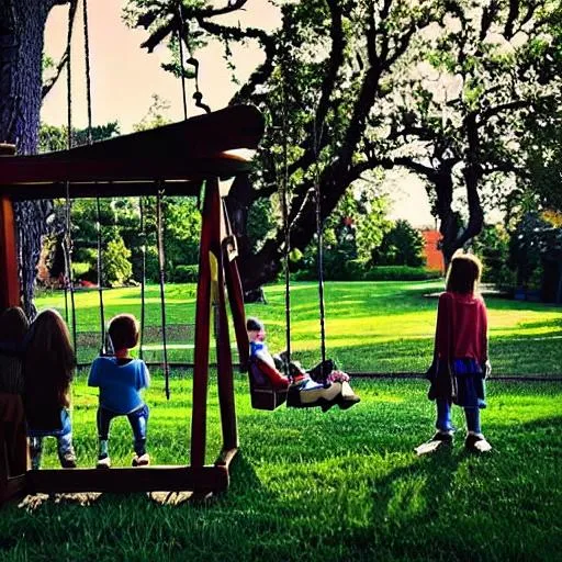 Prompt: A group of children have grown up, staring at the swing they used to play reluctantly, maybe thinking, maybe growing up is the beginning of leaving the swing.