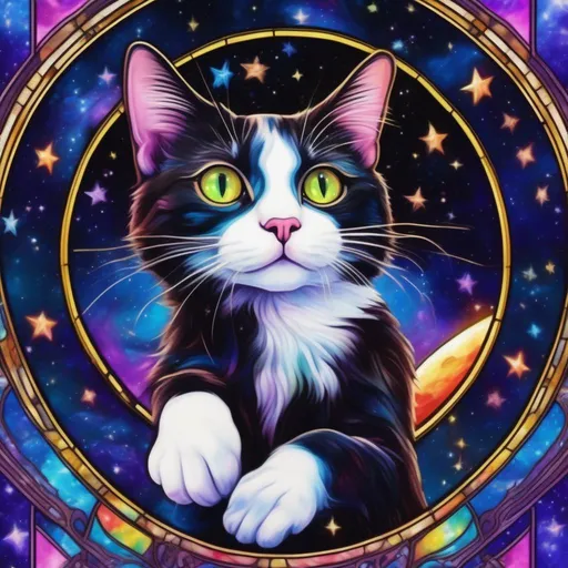 Prompt: a colourful tuxedo cat made of stars and outer space, jumping over the moon in space a photorealistic impressionistic Disney Lisa Frank style. in a stained glass style