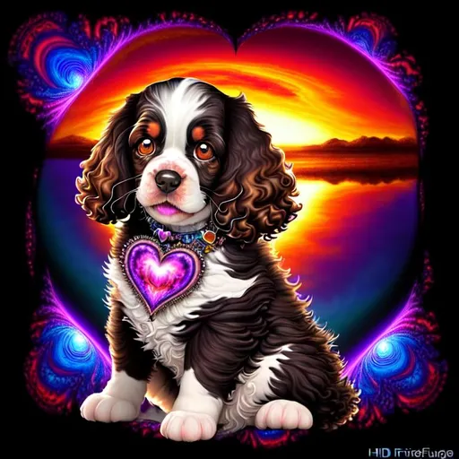 Prompt: Beautiful, Epic, Amazing, dark swirl, 3D, HD, Mandelbrot Julia Fractal ink, (Beautiful {furry!!! Springer Spaniel}puppy and happy face with {heart-shaped Sunset}), freeform psychedelic chaos ultra HD, digital painting,  oceanic background, uber detailed, 64k, high quality, sharp focus, studio photo, intricate details, highly detailed --s98500