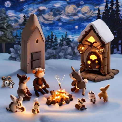 Prompt: tiny friends and a dog making smores at tiny wooden campfire string lights on a starry night in the snow
