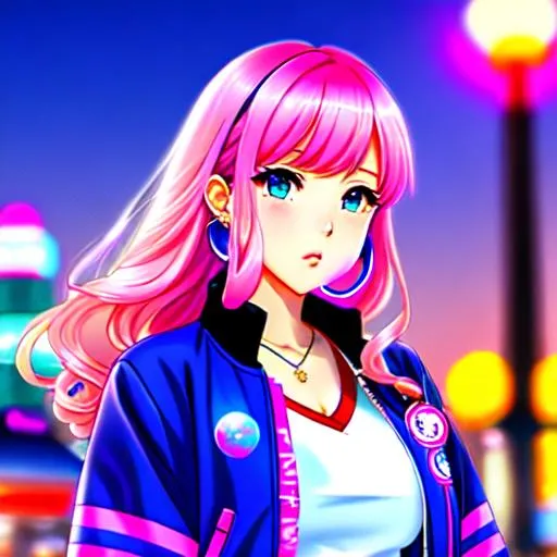 Prompt: vaporwave japan city night time anime girl in varsity jacket blowing bubble gum