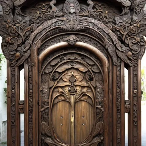 Prompt: Art nouveau, wooden Bali holy entrance temple door, hyper realistic,wabi sabi