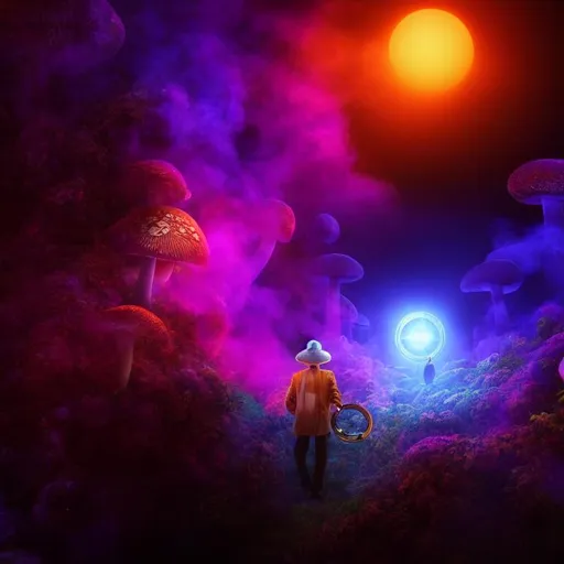 Prompt: the mushroom man smoking a pipe while walking through a porthole to another dimension to meet a spiritual entity, dmt dream, psycadelic, colorful, 8k,4k, hight resolution