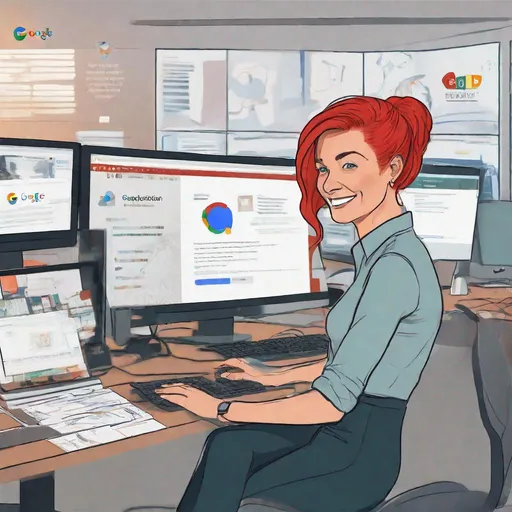 Prompt: Middle-aged woman with red hair smiling at her computer, Google certification 'Introduction to Generative AI' displayed on screen, cluttered desk with Google logos, professional office setting, contemporary digital artwork, warm and professional lighting, detailed facial expression, computer monitor with high resolution, modern corporate style, sophisticated red hair, focused and positive expression, computer desk, Google logos, contemporary, warm lighting- text of the certification is readable