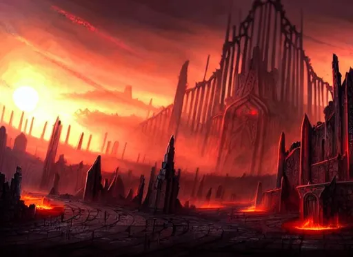 Prompt: ruined city fantasy art unrealengine elden ring arms architechture phyrexian torches landscape sunset mist battle