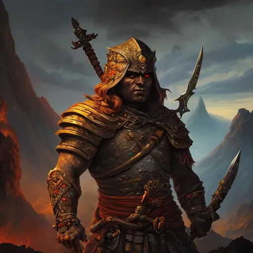 Prompt: A painting of a warrior with a dagger piercing his chest, looking to the background, natural volcanic light, on top of a black rock cliff, standing character, dark colors, the warrior is dwarfed by the vast landscape he looks at