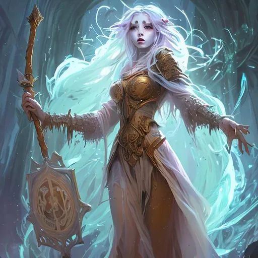 Prompt: Full body splash art of a cute female undead sorceress casting a spell, very long honey-colored hair with a fringe, wearing long light-colored iridescent pastel robes, carrying a wooden staff, heroic, D&D, fantasy, intricate, highly detailed, sharp focus, digital painting, oil painting, master piece, artstation, concept art, 4k, 8k