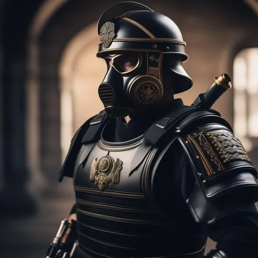 Prompt: A modern roman military male in black military armor galea helmet of roman armor, with a gunfire and gas mask, background military base, Hyperrealistic, sharp focus, Professional, UHD, HDR, 8K, Render, electronic, nervous vibe, loud, tension, dark, Epic