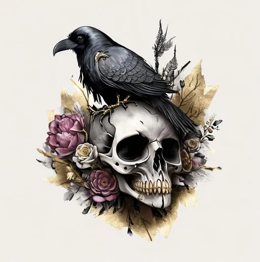 Prompt: raven bird skull, with flowers and gold foil accents.. tim burton style

