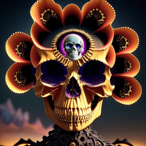 Prompt: Long shot, 3d, HD, Vivid, Exciting, Vibrant, Mandelbrot Julia, {Skull} with sunset fractal sky, ultra detailed artistic photography, shadows, ultra sharp focus, ominous, matte painting, golden ratio, intricate, cinematic render, hyper realistic, 64K --s98500