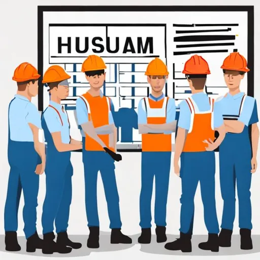 Prompt: A clipart of a team of factory workers wearing uniforms and hard hats having a standup meeting in front of a blank team board
