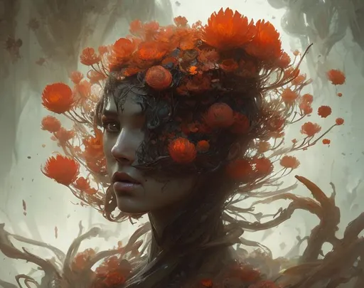 Prompt: is like a flower fungus woman, mysterious but good looking, painted with brushes, magic the gathering, greg rutkowski, artem, great quality, masterpiece, HD