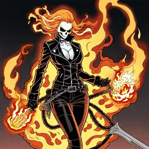 Prompt: "Ablaze in Anime: The Female Ghost Rider with a Flaming Whip"

Introduction:

The world of anime is a realm of boundless imagination, where the wildest fantasies and concepts come to life. In this unique space, we can explore the intriguing idea of a Female Ghost Rider with a flaming whip. Picture a character with a perfect balance of autonomy, possessing a slim muscular body tone, adorned in Nordic armor, and embellished with Victorian tattoos. This intriguing character embodies a fusion of supernatural elements, historical influences, and a strong, independent personality.

Body:

The Concept of a Female Ghost Rider:

The concept of a female Ghost Rider is an exciting deviation from the traditional male Ghost Rider, Johnny Blaze or Robbie Reyes.
This character has a unique origin story, perhaps drawing from Nordic mythology or a supernatural event that led to her becoming the Ghost Rider.
Her connection to the Spirit of Vengeance could be more complex, making her an even more compelling character.
Flaming Whip:

The flaming whip serves as her primary weapon, and it can be imbued with the same ethereal fire that engulfs her body.
The whip can extend and retract at her will, allowing her to manipulate it with precision, unleashing deadly attacks and displaying her skill in combat.
The flames can vary in intensity and color, providing an opportunity for breathtaking visual effects in the anime.
Autonomy:

Autonomy is a key aspect of her character, as she controls the Spirit of Vengeance within her.
This autonomy leads to moral dilemmas and complex character development, as she wrestles with the consequences of her actions.
Her inner struggle adds depth to the character and allows for compelling storytelling.
Slim Muscular Body Tone:

Her slim muscular body tone is a testament to her physical strength, agility, and combat prowess.
This aesthetic choice challenges traditional gender roles and provides an empowering representation of a strong female character.
The design and animation of her character should emphasize her strength and athleticism.
Nordic Armor:

Her Nordic armor adds a historical and cultural dimension to the character's design.
It can be intricately designed, drawing inspiration from Viking and Norse mythology, with runes and symbols that hold mystical significance.
The armor not only protects her but enhances her formidable appearance.
Victorian Tattoos:

Victorian tattoos on her body tell a story of her past and connect her to the world of the supernatural.
These tattoos can serve as mystical seals or sigils, enhancing her powers and abilities.
Each tattoo has a unique meaning and adds depth to her character's lore.
Conclusion:

The concept of a Female Ghost Rider with a flaming whip, autonomy, a slim muscular body tone, Nordic armor, and Victorian tattoos is a rich and captivating idea that would make for an enthralling anime character. Her multifaceted nature, intriguing backstory, and unique design elements can lead to a rich narrative filled with action, character development, and a rich world of supernatural wonders. Such a character would not only break traditional stereotypes but also inspire and empower audiences, becoming an iconic figure in the world of anime.