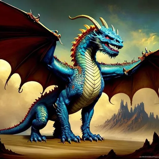Prompt: dragon beast with wings and four legs,  color, Dariusz Zawadzki, frank frazetta, boris vallejo, Brom