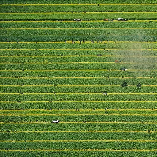 Prompt: monoculture farmland with pesticide spraying people on it, europe 
