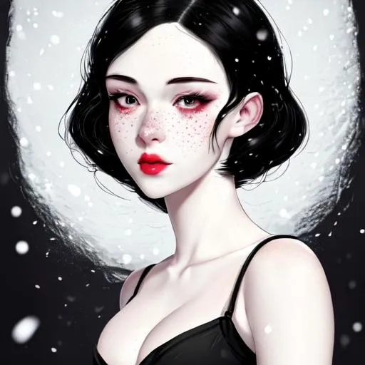 Prompt: A portrait of an extremely beautiful pale skinned 25 year old Snow White with freckles full, wide lips &  messy black hair, graphic manhwa art style, 8k high quality