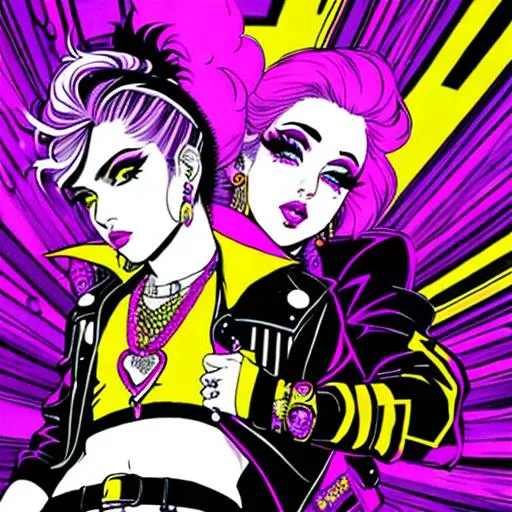 Prompt: Retro non-binary punk rock 70's vibe trippy comic style pop art goth punk fashion confident 
yellow white purple black