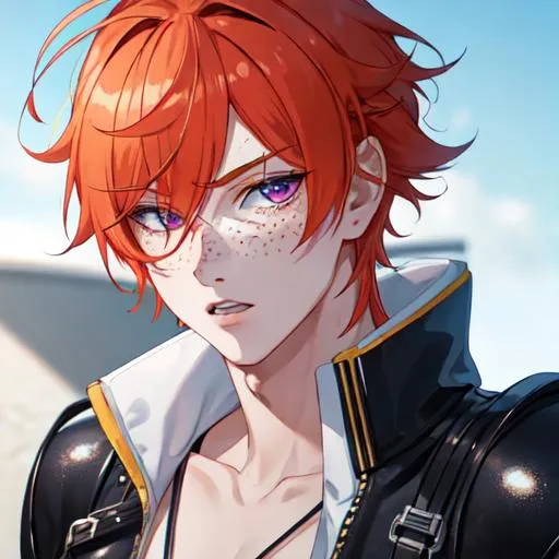 Prompt: Erikku male adult (short ginger hair, freckles, right eye blue left eye purple) UHD, 8K, Highly detailed, insane detail, best quality, high quality,  anime style, biker 