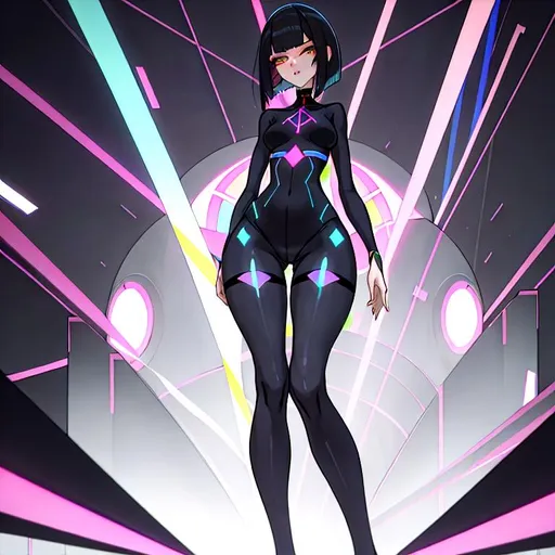 Prompt: a lonely AI girl, very tall, thick thighs, wide hips, huge glutes, long legs, slender arms, slender waist, big beautiful symmetrical eyes, intriguingly beautiful face, aloof expression, bob haircut with bangs, wearing Pastel-Deathcore Nihilistic-Absurdism fashion clothes, high fashion, 12K resolution, hyper quality, hyper-detailed, hyper-realistic, hyper-professional